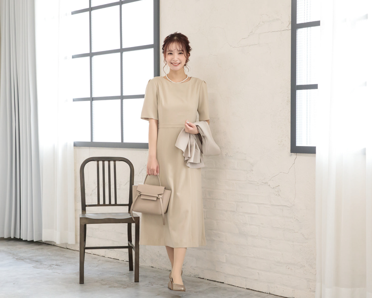 ポケット付き袖スリットマルチドレス 105024ベージュ