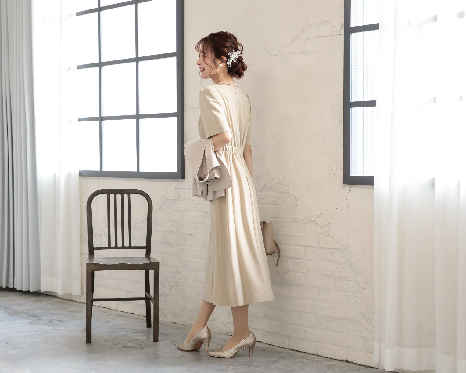 ポケット付き袖スリットマルチドレス 105024ベージュ