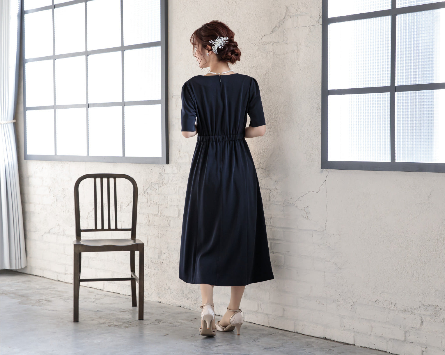 ポケット付き袖スリットマルチドレス 105024ネイビー