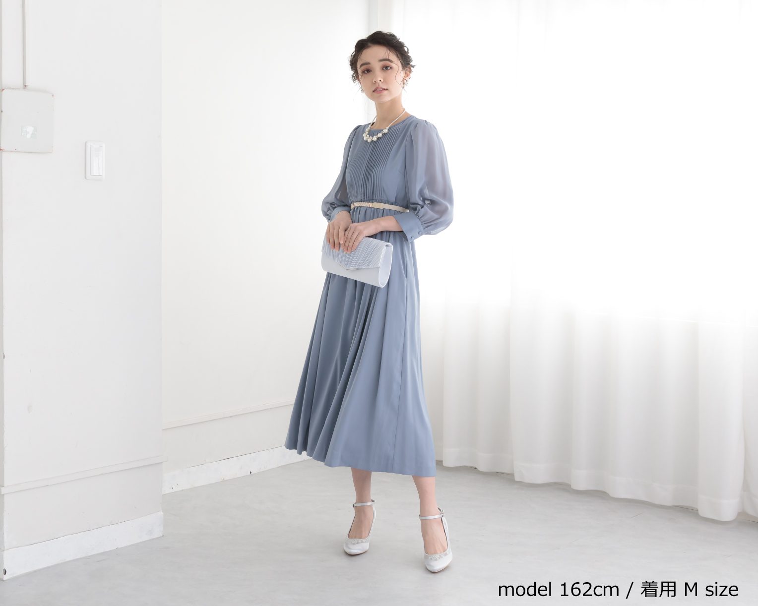 バックリボンピンタックドレス 105025ダスティブルー