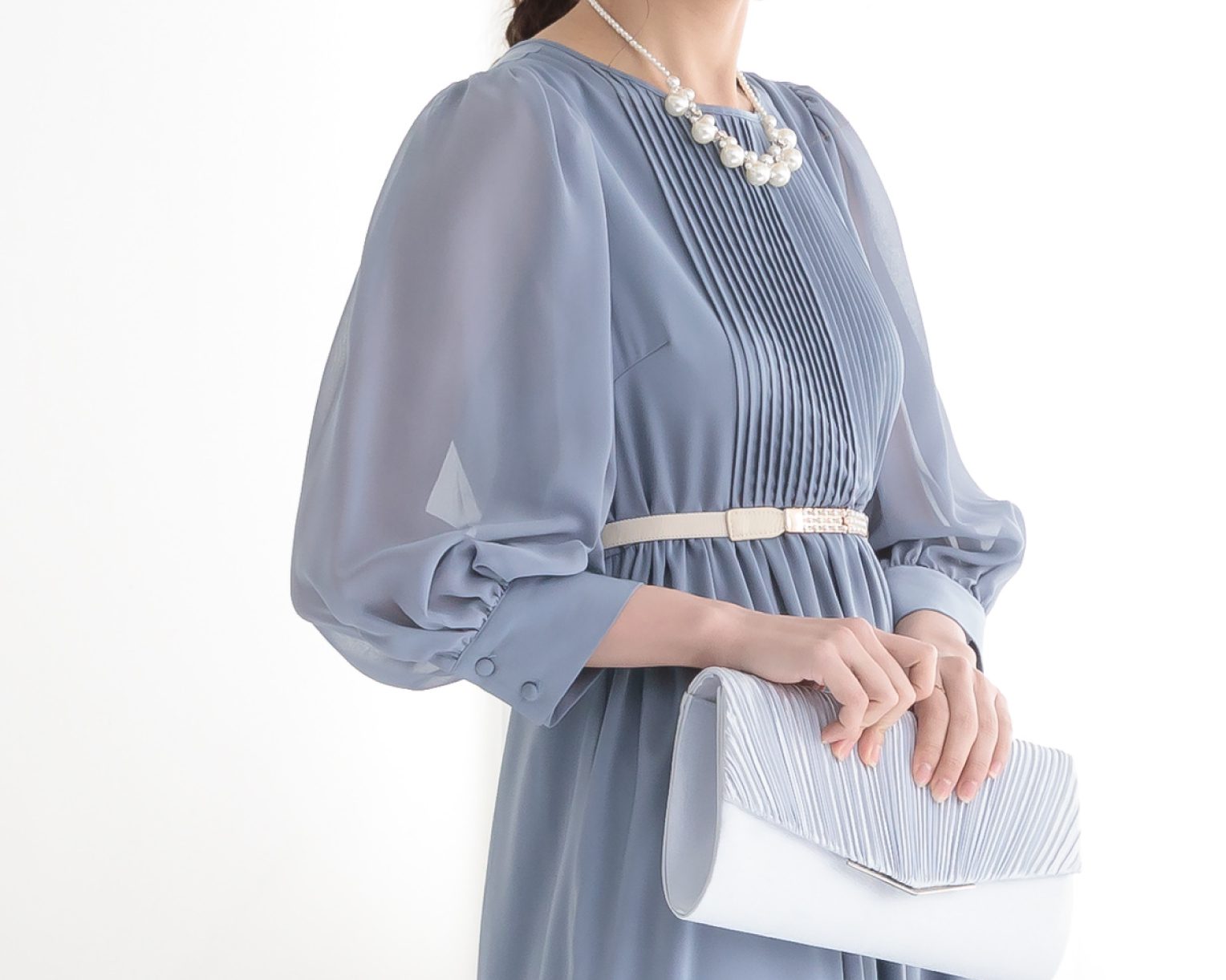 バックリボンピンタックドレス 105025ダスティブルー