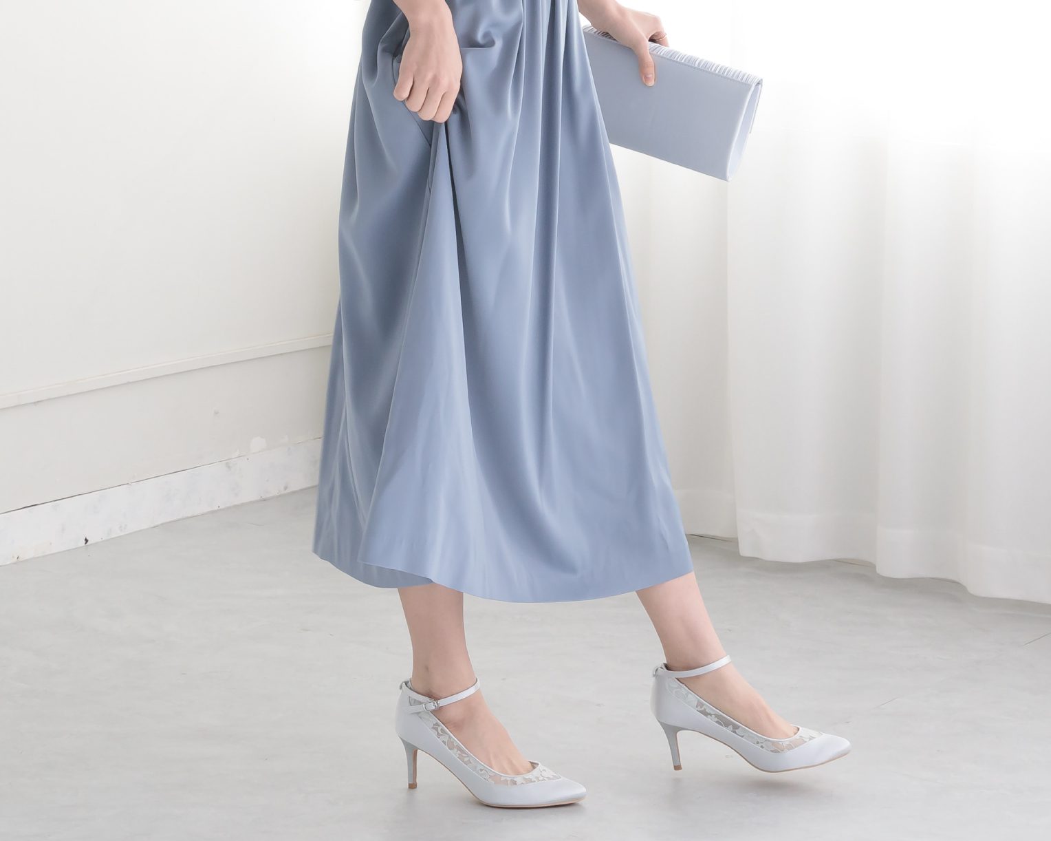 バックリボンピンタックドレス 105025ダスティブルー