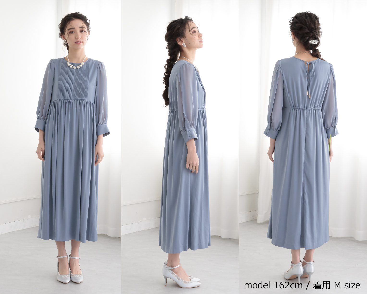 バックリボンピンタックドレス 105025ダスティブルー