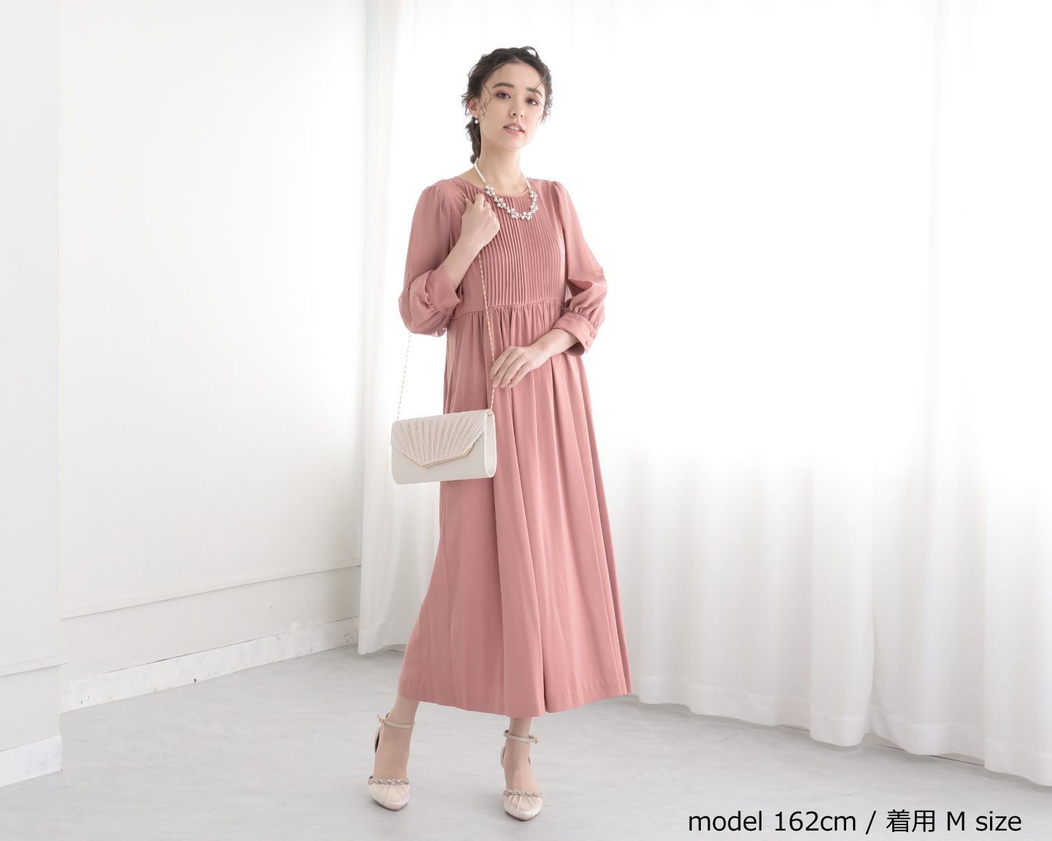 バックリボンピンタックドレス 105025ダスティブルー