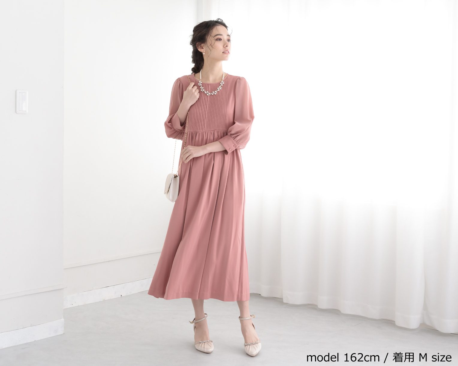 バックリボンピンタックドレス 105025ダスティブルー