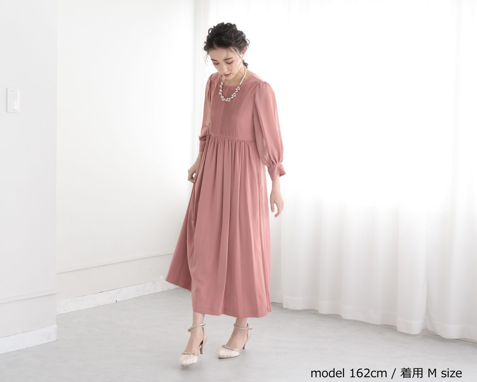 バックリボンピンタックドレス 105025ダスティブルー