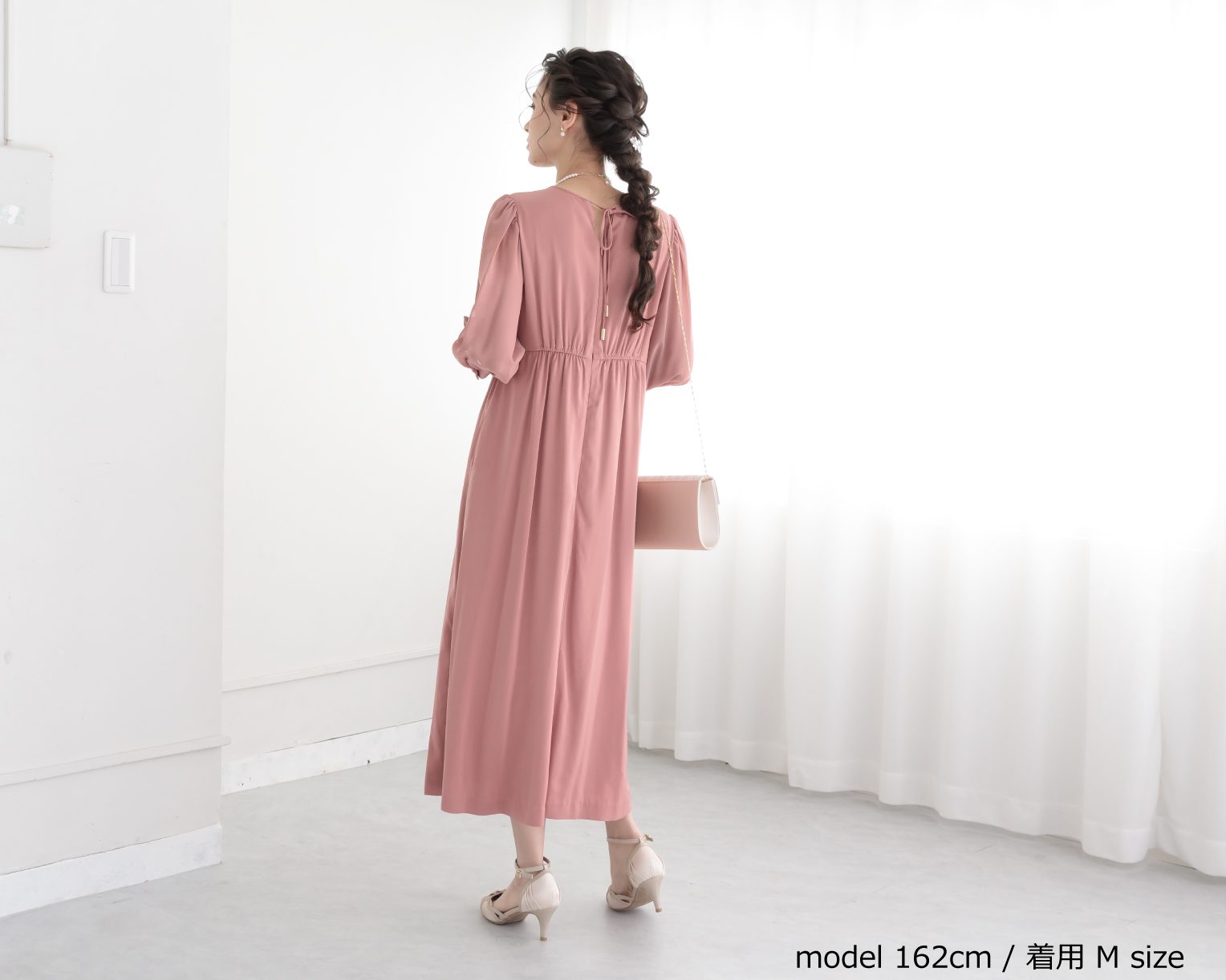 バックリボンピンタックドレス 105025ダスティブルー