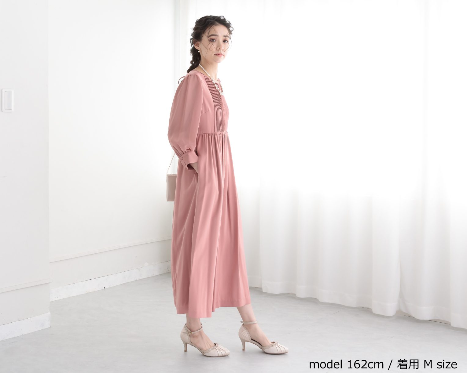 バックリボンピンタックドレス 105025ダスティブルー