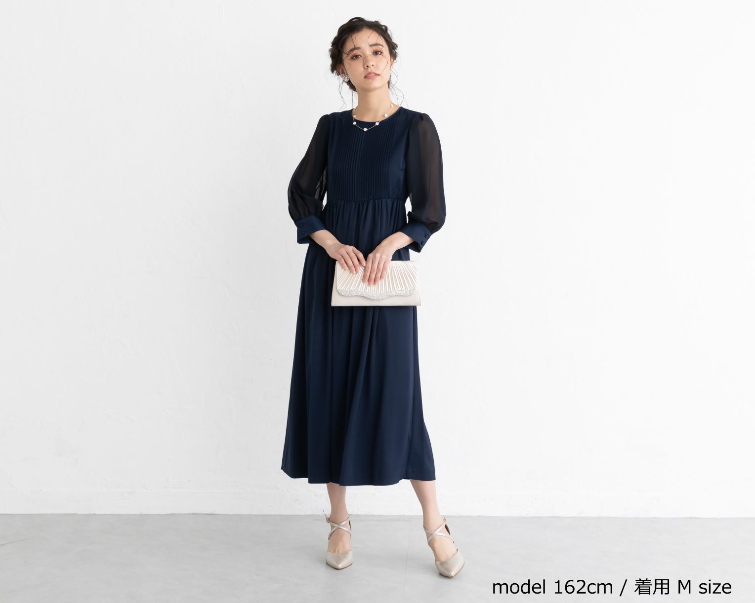 バックリボンピンタックドレス 105025ダスティブルー