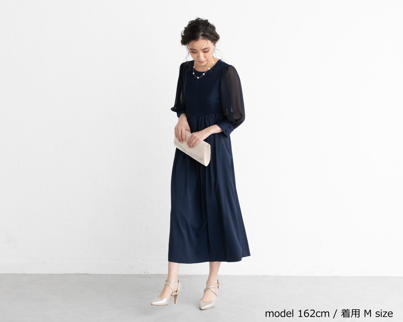 バックリボンピンタックドレス 105025ダスティブルー