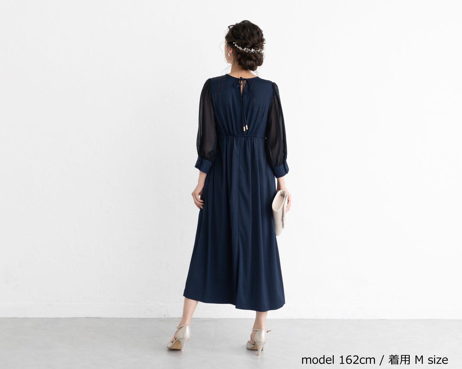 バックリボンピンタックドレス 105025ダスティブルー