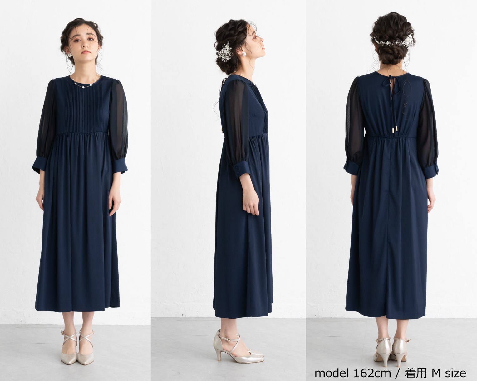 バックリボンピンタックドレス 105025ダスティブルー