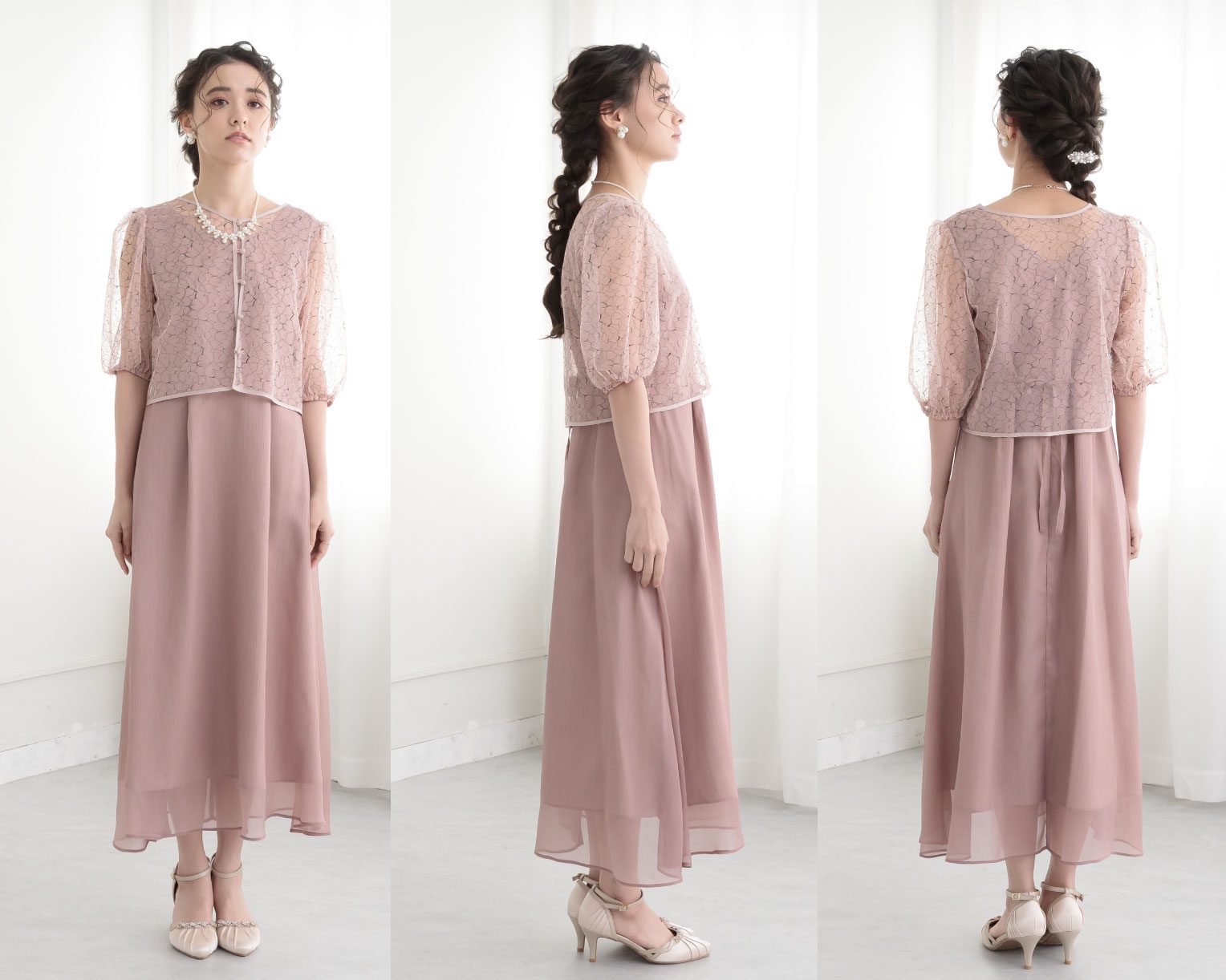 【S~4L】レースボレロ付き2WAYドレス 105027ダスティピンク