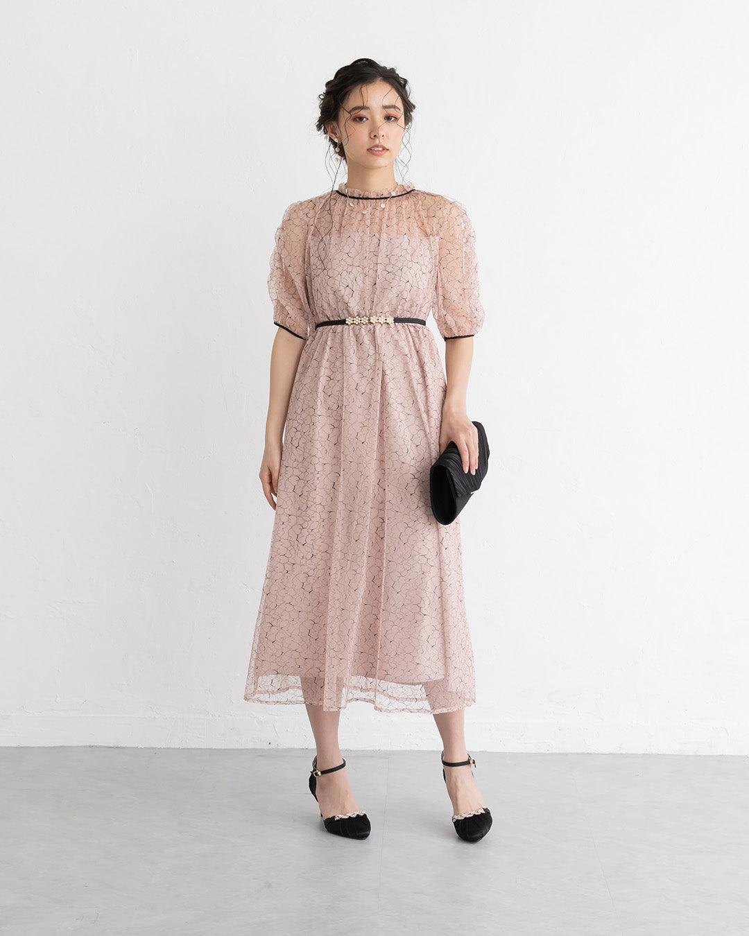 【S~4L】バックリボン配色レースドレス 105028ダスティピンク