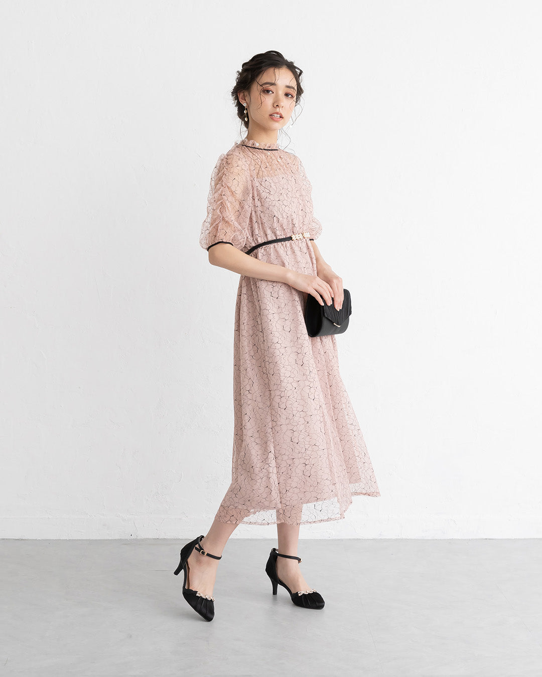 【S~4L】バックリボン配色レースドレス 105028ダスティピンク