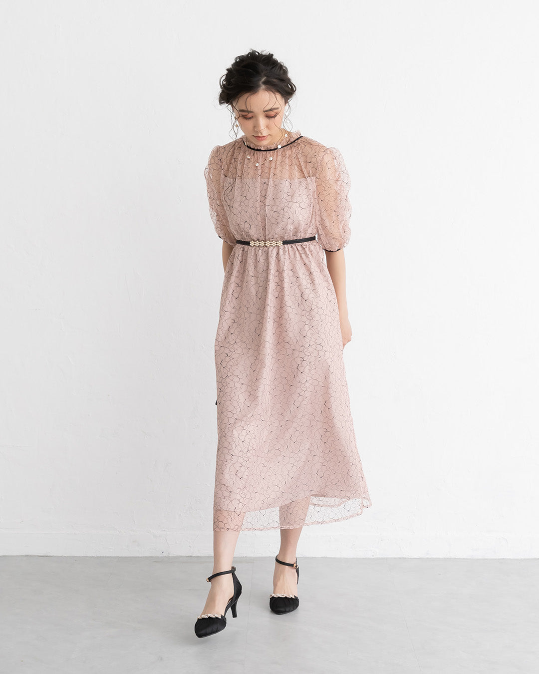 【S~4L】バックリボン配色レースドレス 105028ダスティピンク