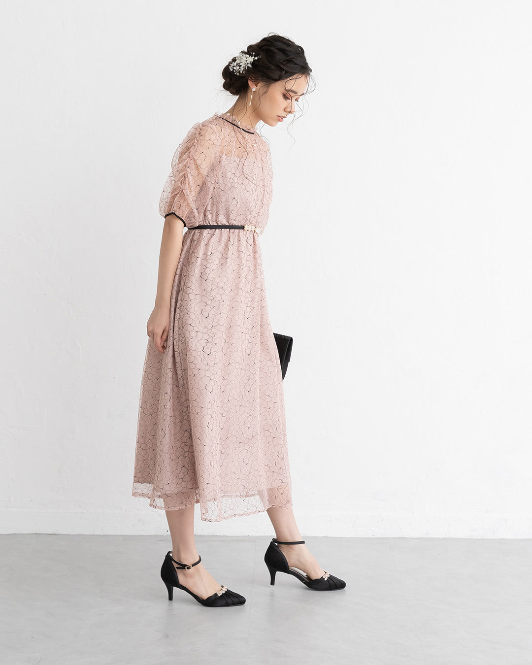 【S~4L】バックリボン配色レースドレス 105028ダスティピンク