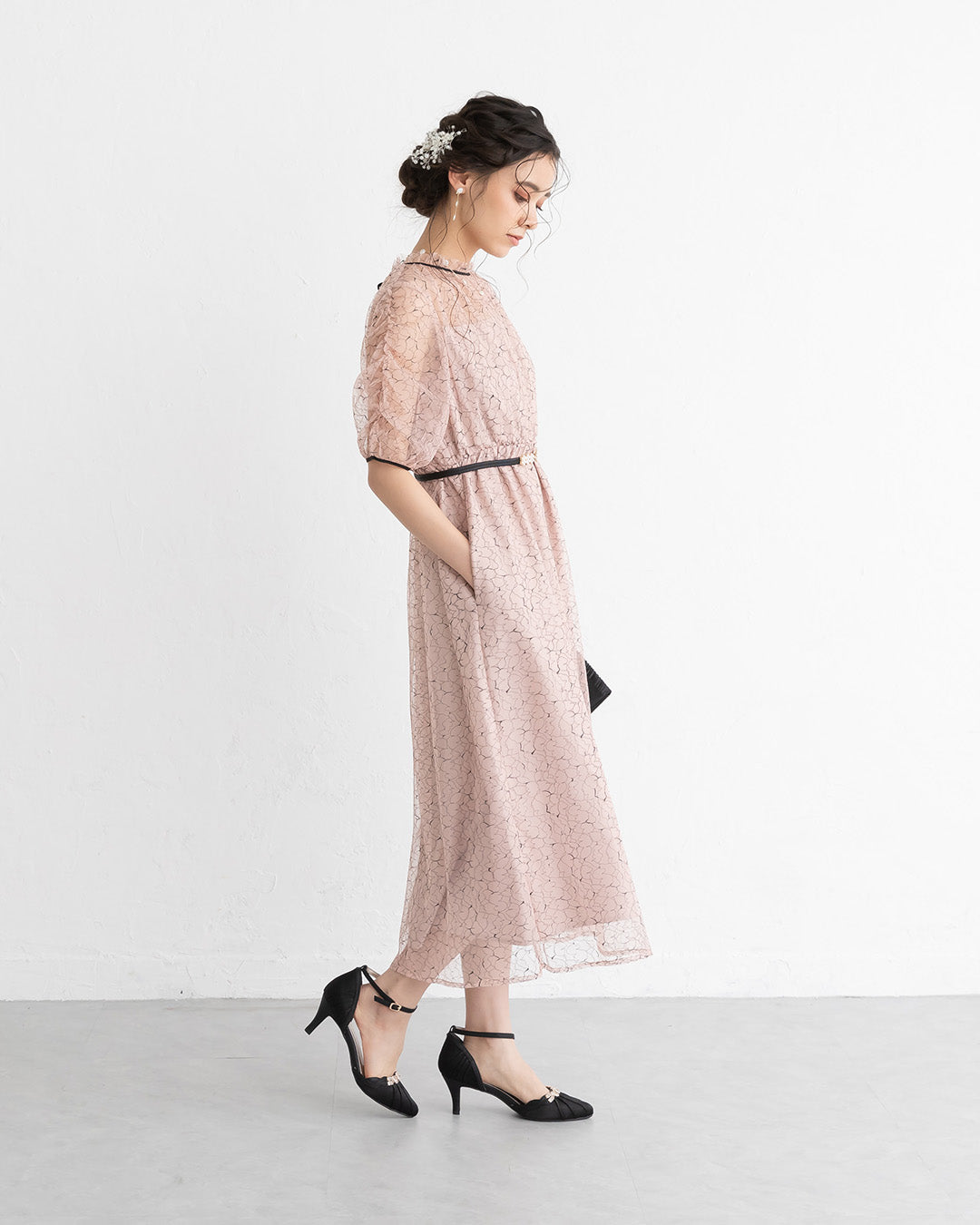 【S~4L】バックリボン配色レースドレス 105028ダスティピンク