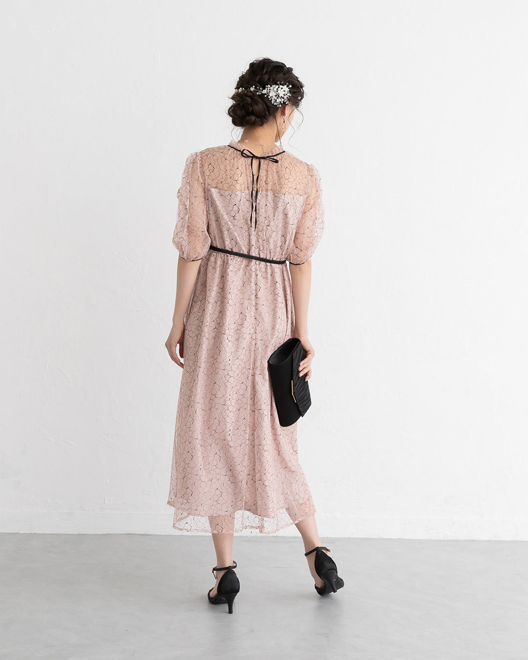 【S~4L】バックリボン配色レースドレス 105028ダスティピンク