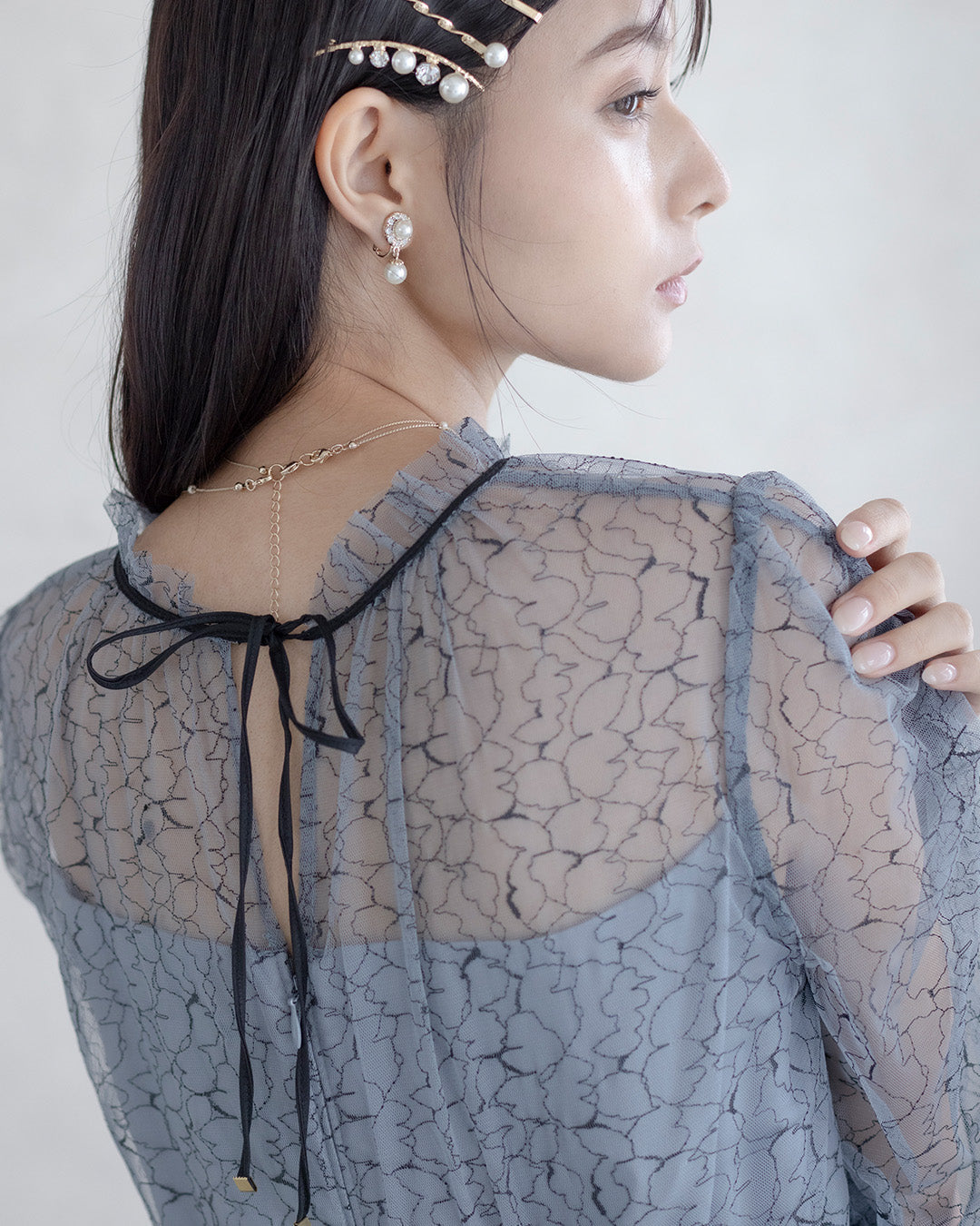 【S~4L】バックリボン配色レースドレス 105028ダスティブルー