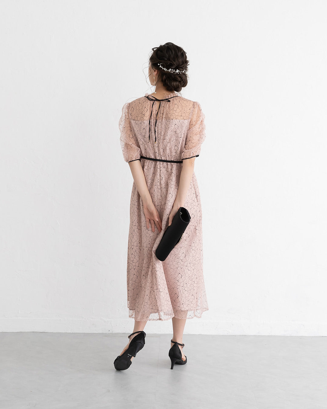 【S~4L】バックリボン配色レースドレス 105028ダスティピンク