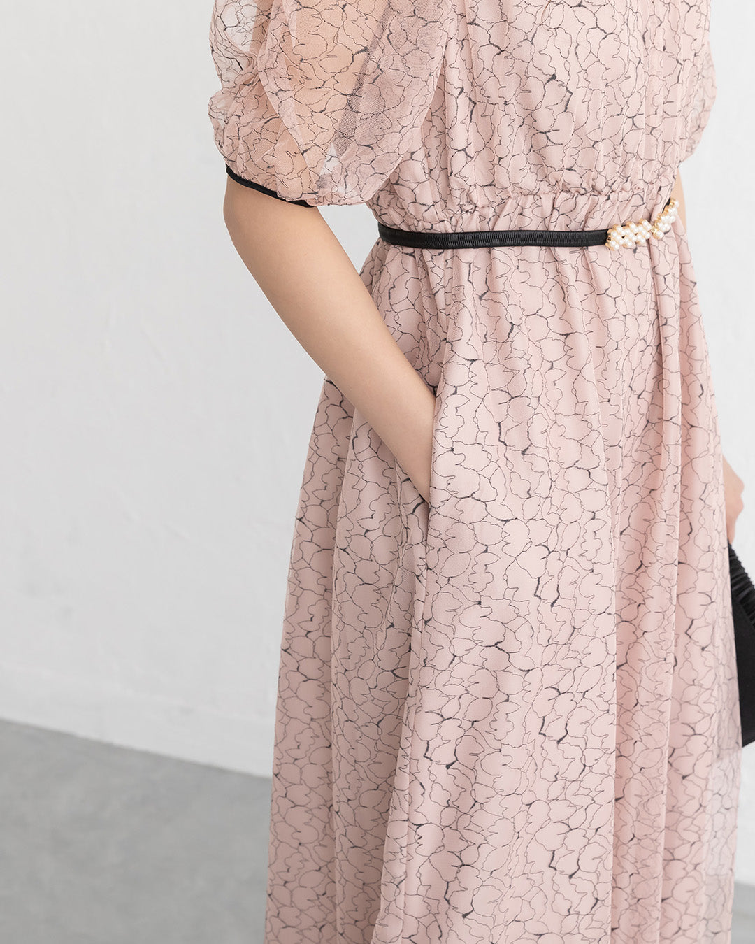 【S~4L】バックリボン配色レースドレス 105028ダスティピンク