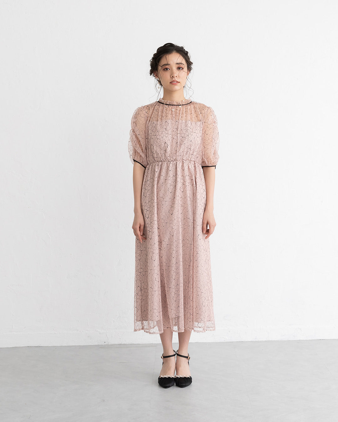 【S~4L】バックリボン配色レースドレス 105028ダスティピンク