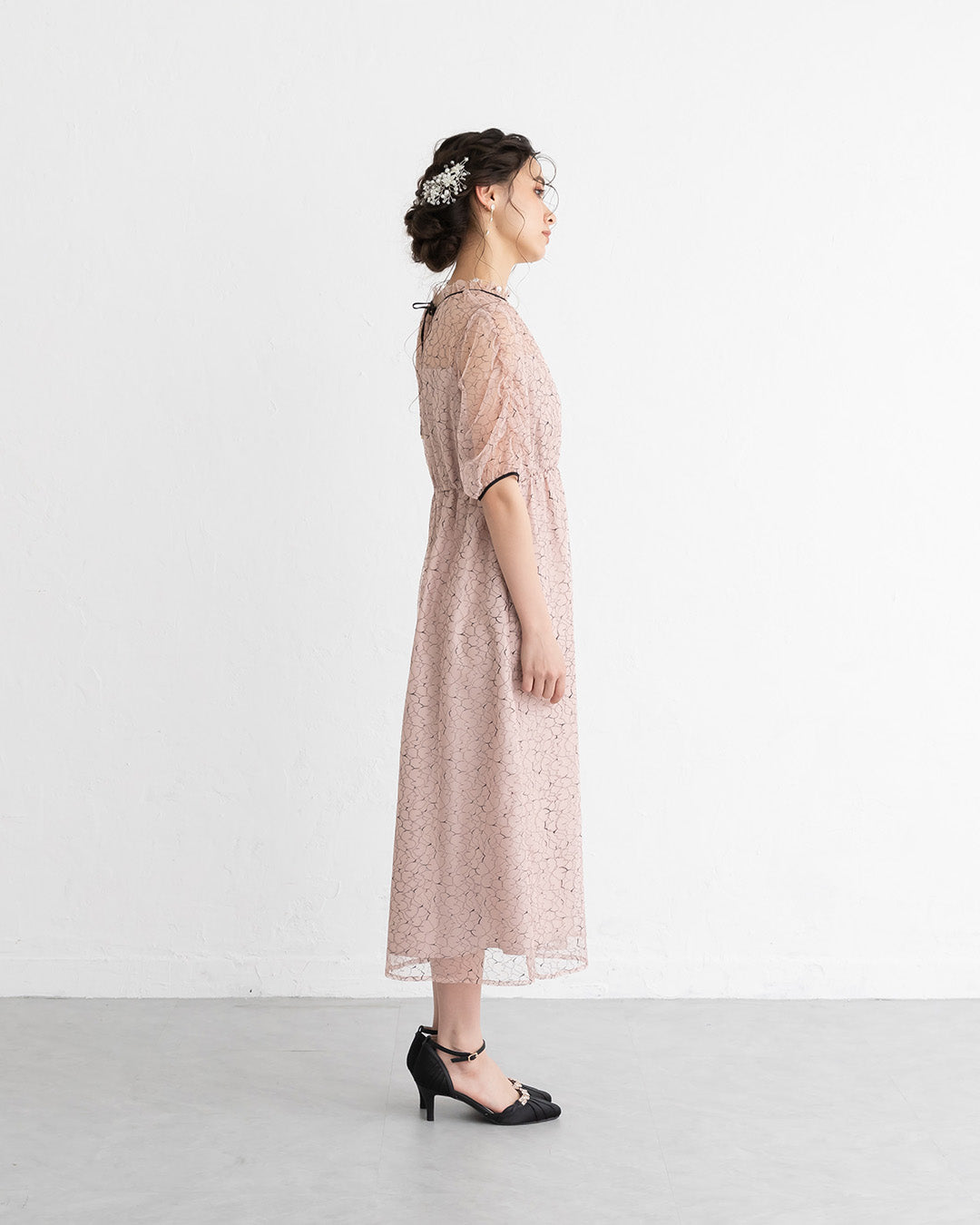 【S~4L】バックリボン配色レースドレス 105028ダスティピンク