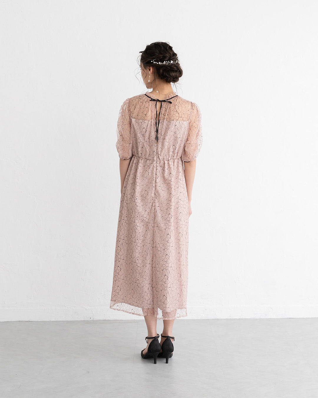 【S~4L】バックリボン配色レースドレス 105028ダスティピンク