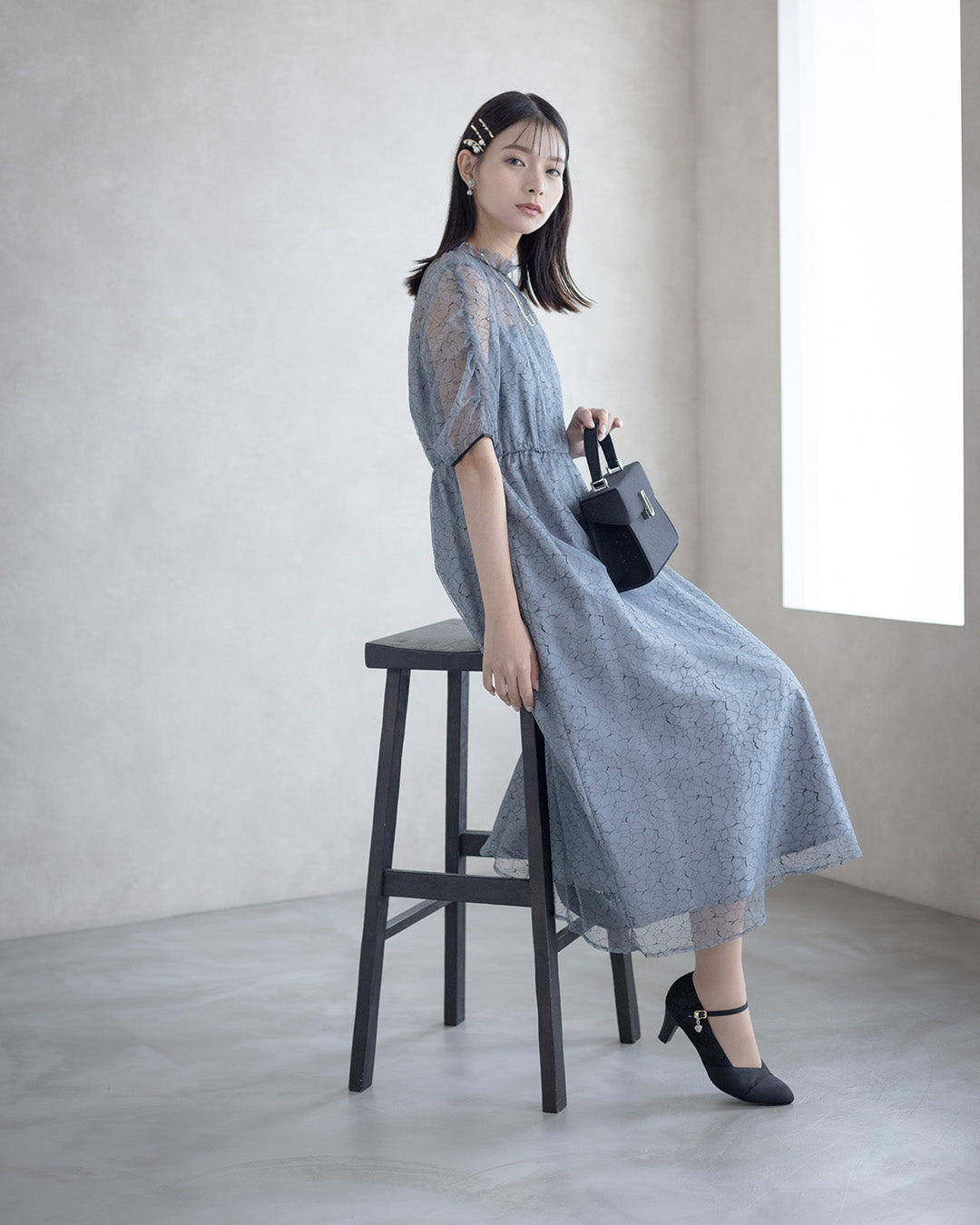 【S~4L】バックリボン配色レースドレス 105028ダスティブルー