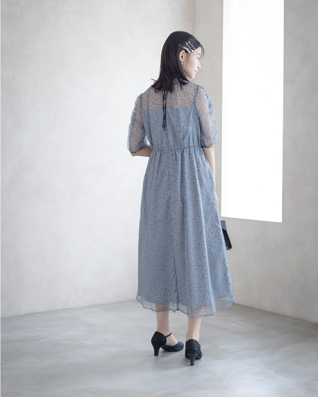 【S~4L】バックリボン配色レースドレス 105028ダスティブルー