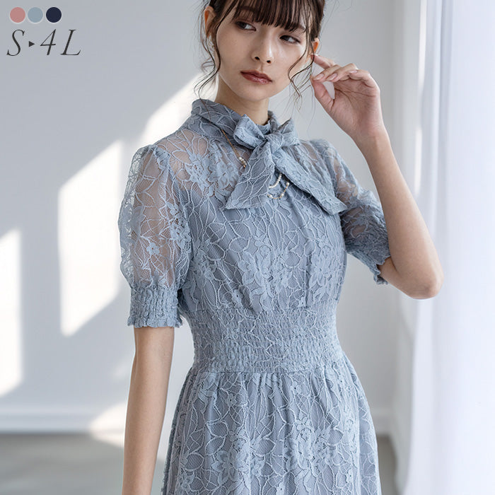 バックリボンシャーリングレース2WAYドレス 105029ダスティブルー【S/M/L/LL/3L/4Lサイズ展開】