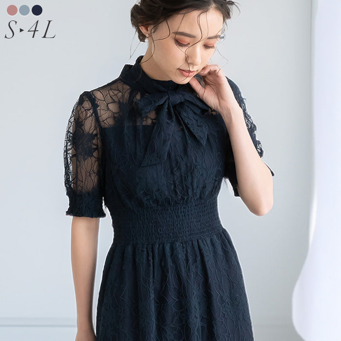 バックリボンシャーリングレース2WAYドレス 105029ネイビー【S/M/L/LL/3L/4Lサイズ展開】