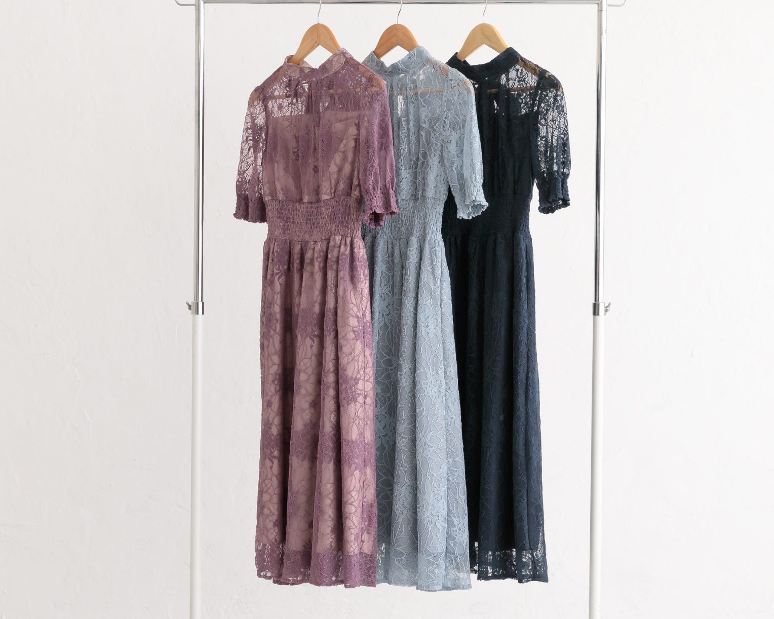 【S~4L】バックリボンシャーリングレース2WAYドレス 105029パープル