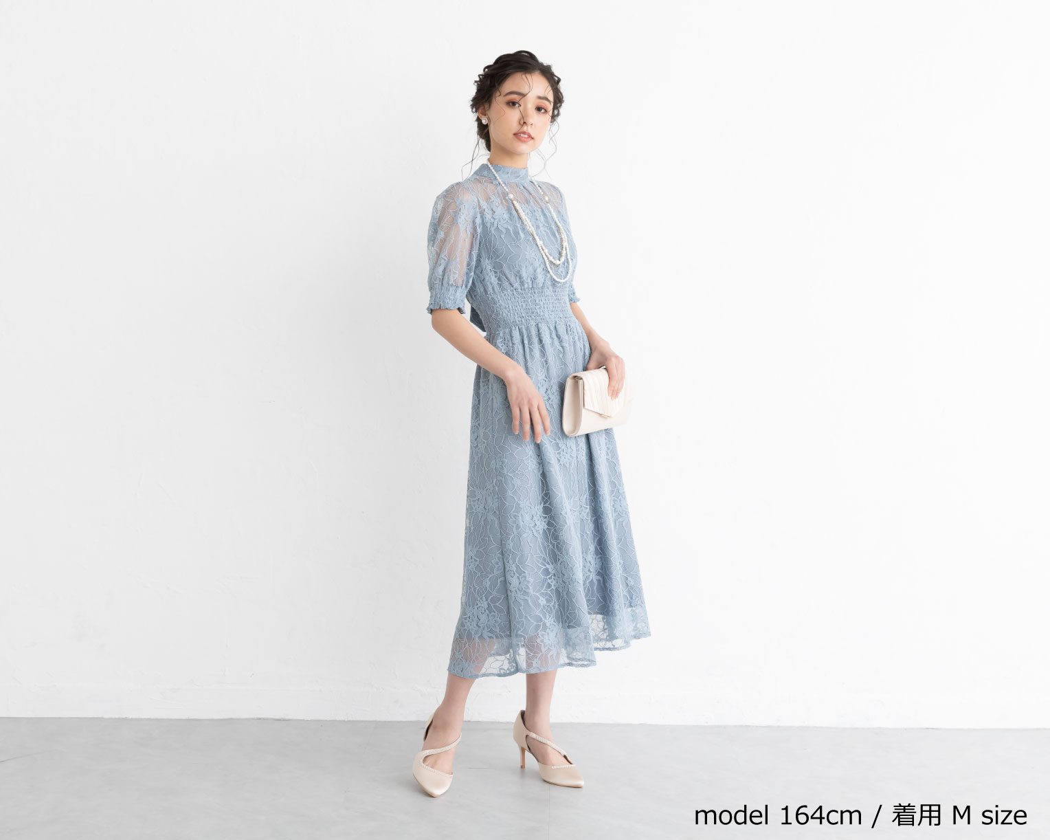 【S~4L】バックリボンシャーリングレース2WAYドレス 105029ネイビー