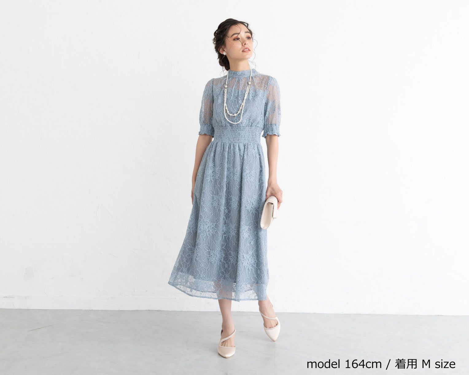 【S~4L】バックリボンシャーリングレース2WAYドレス 105029パープル