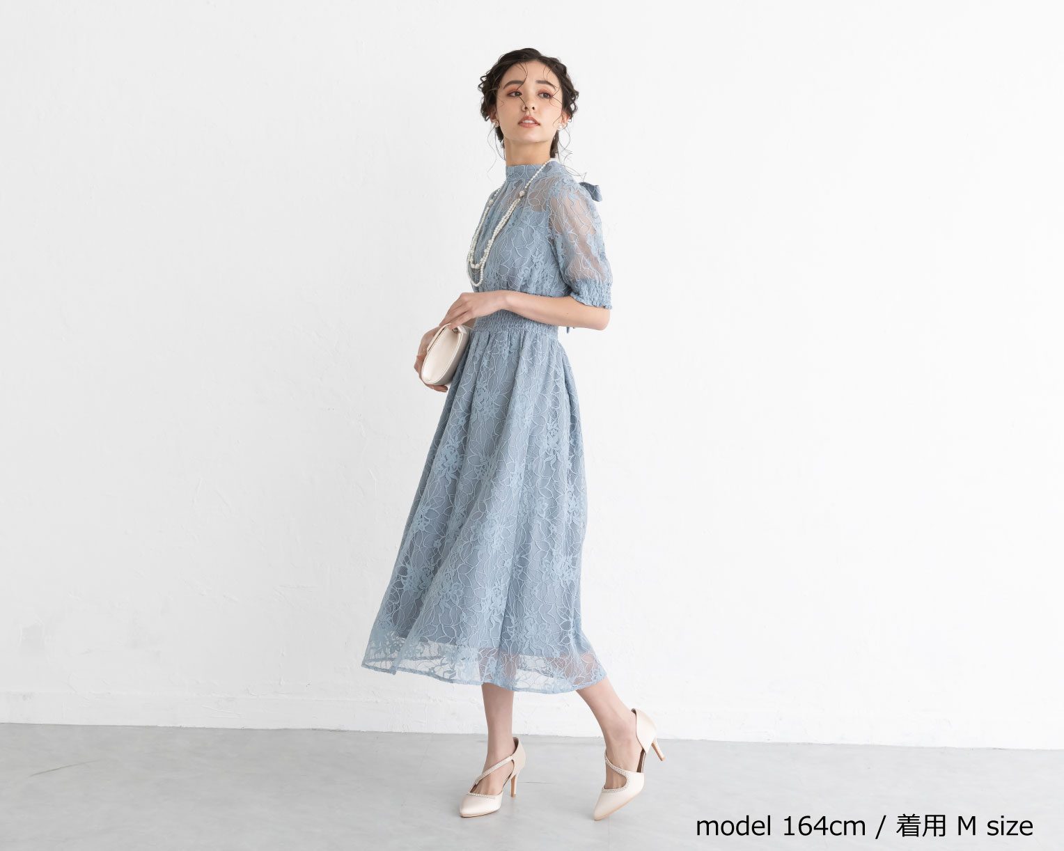 【S~4L】バックリボンシャーリングレース2WAYドレス 105029ネイビー