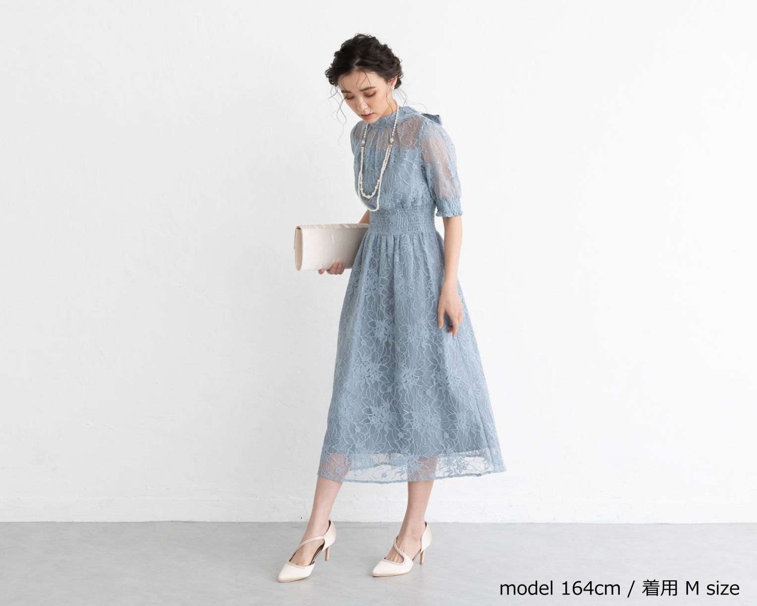 【S~4L】バックリボンシャーリングレース2WAYドレス 105029ネイビー