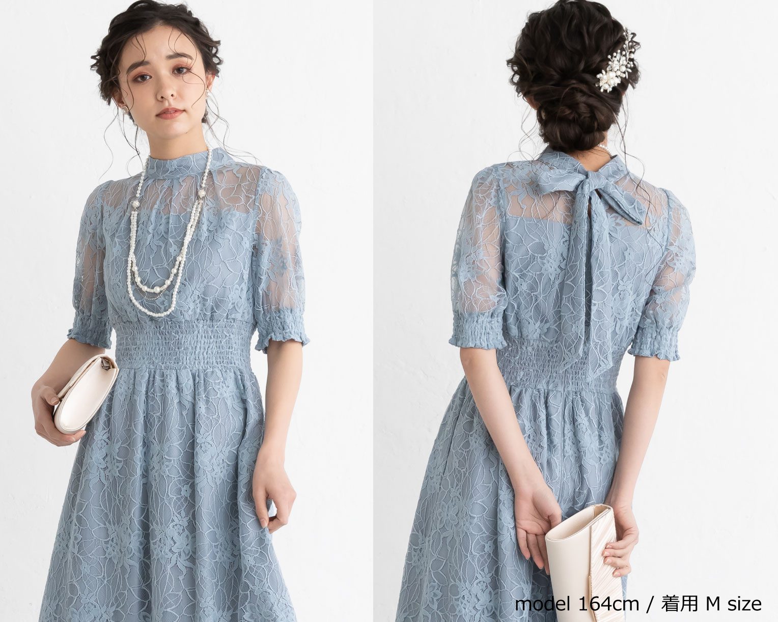 【S~4L】バックリボンシャーリングレース2WAYドレス 105029ネイビー