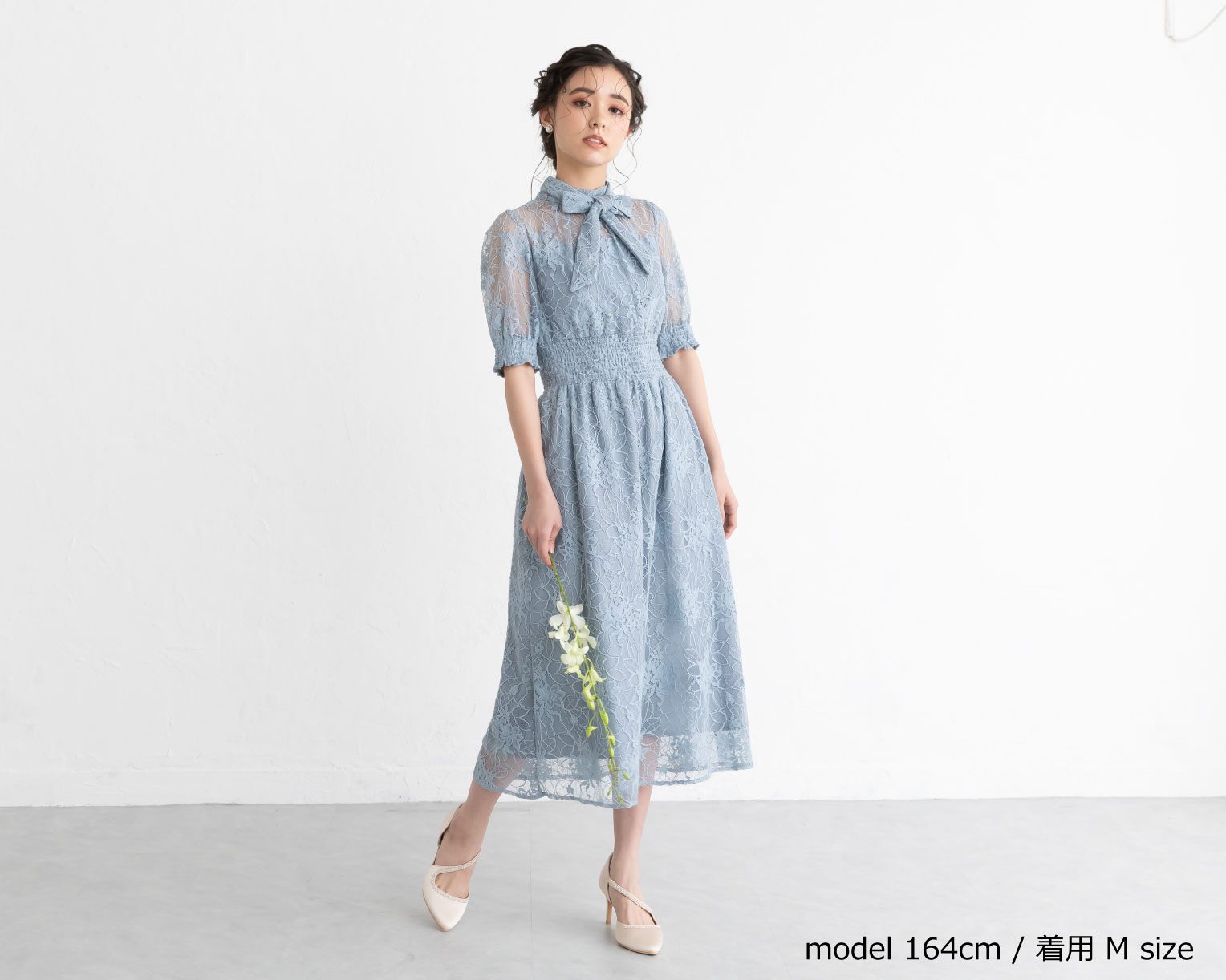 【S~4L】バックリボンシャーリングレース2WAYドレス 105029ネイビー