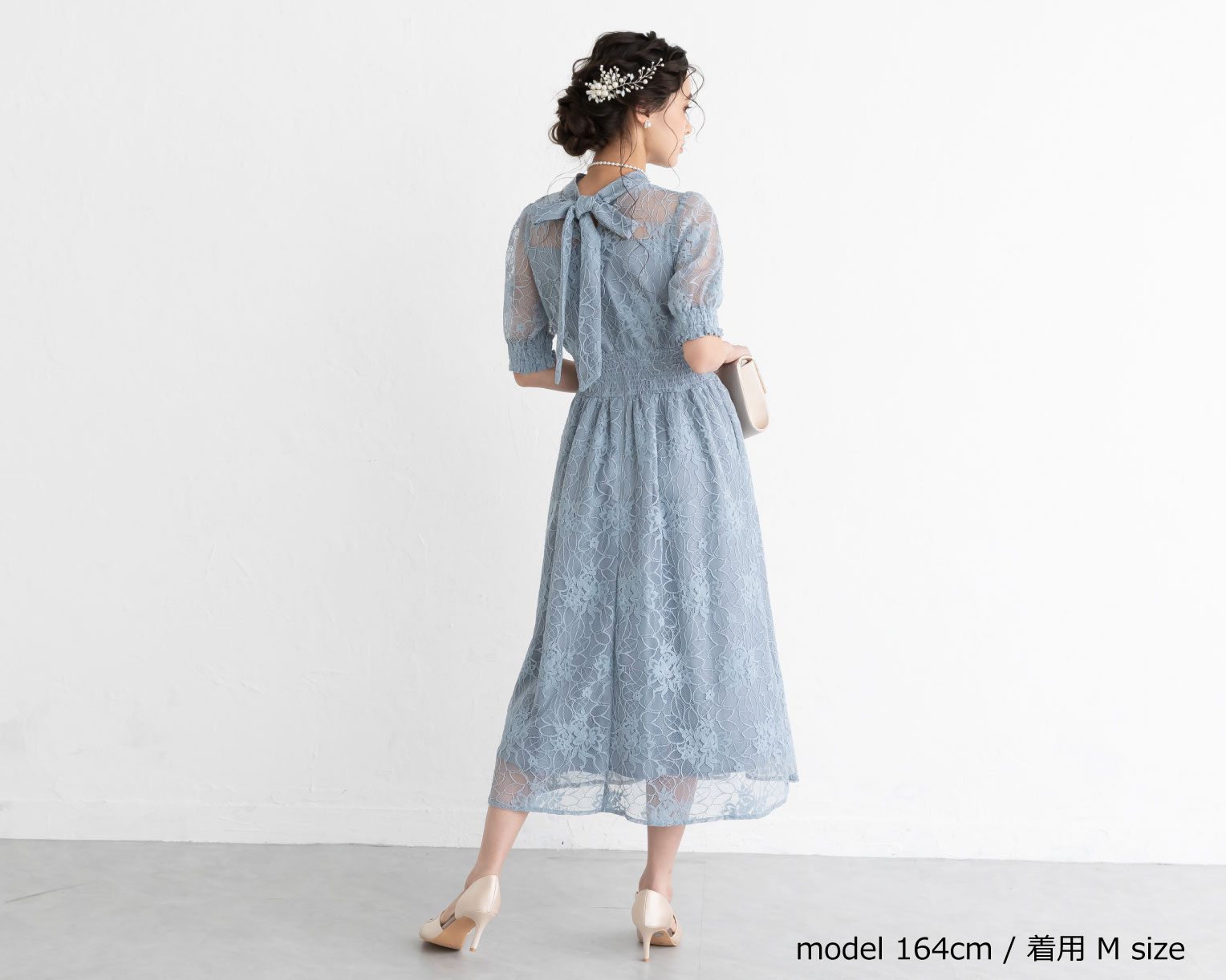 【S~4L】バックリボンシャーリングレース2WAYドレス 105029ネイビー