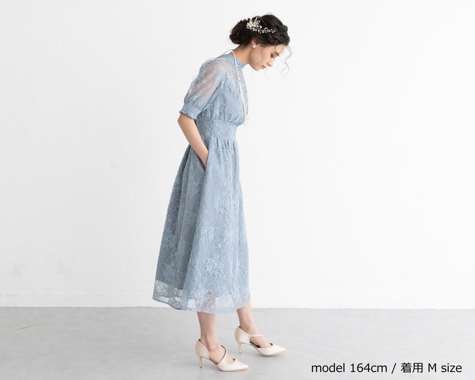 【S~4L】バックリボンシャーリングレース2WAYドレス 105029ネイビー