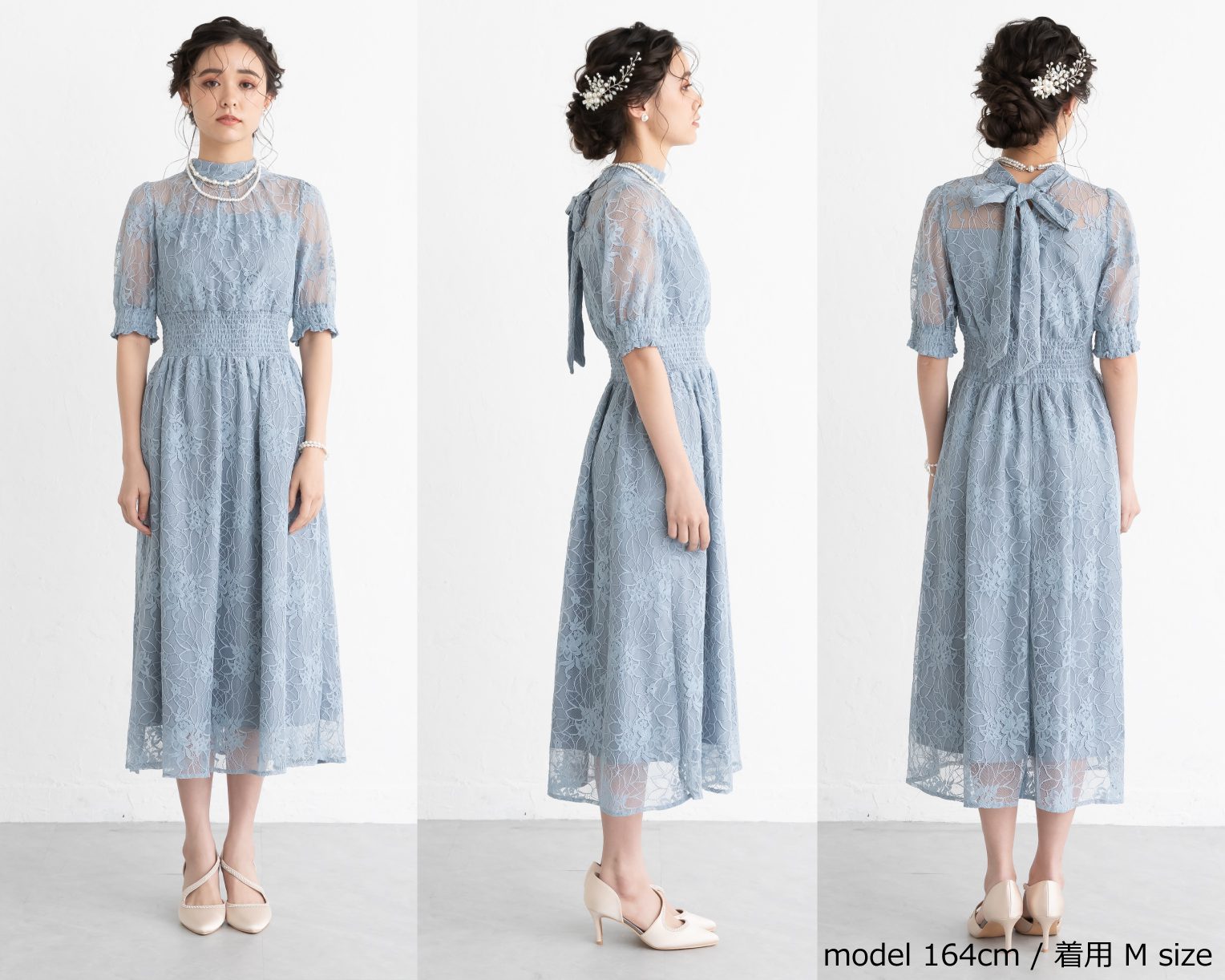 【S~4L】バックリボンシャーリングレース2WAYドレス 105029ネイビー