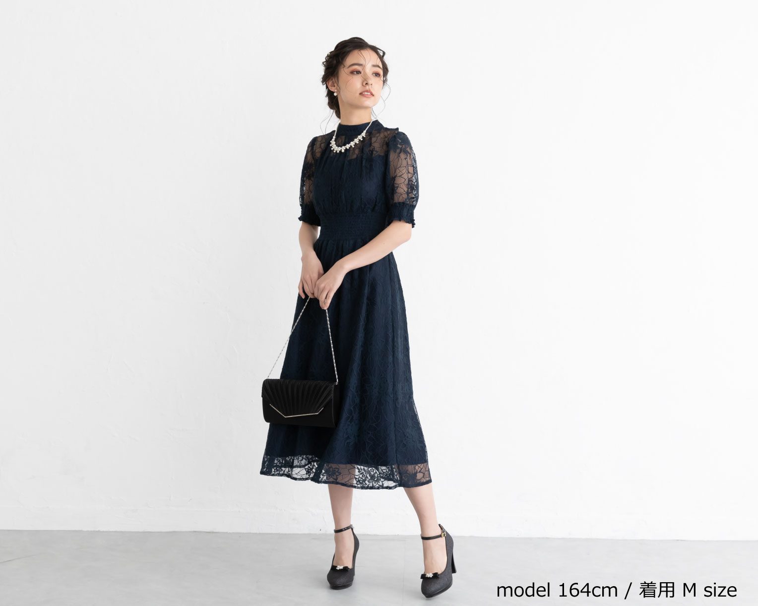 【S~4L】バックリボンシャーリングレース2WAYドレス 105029ネイビー