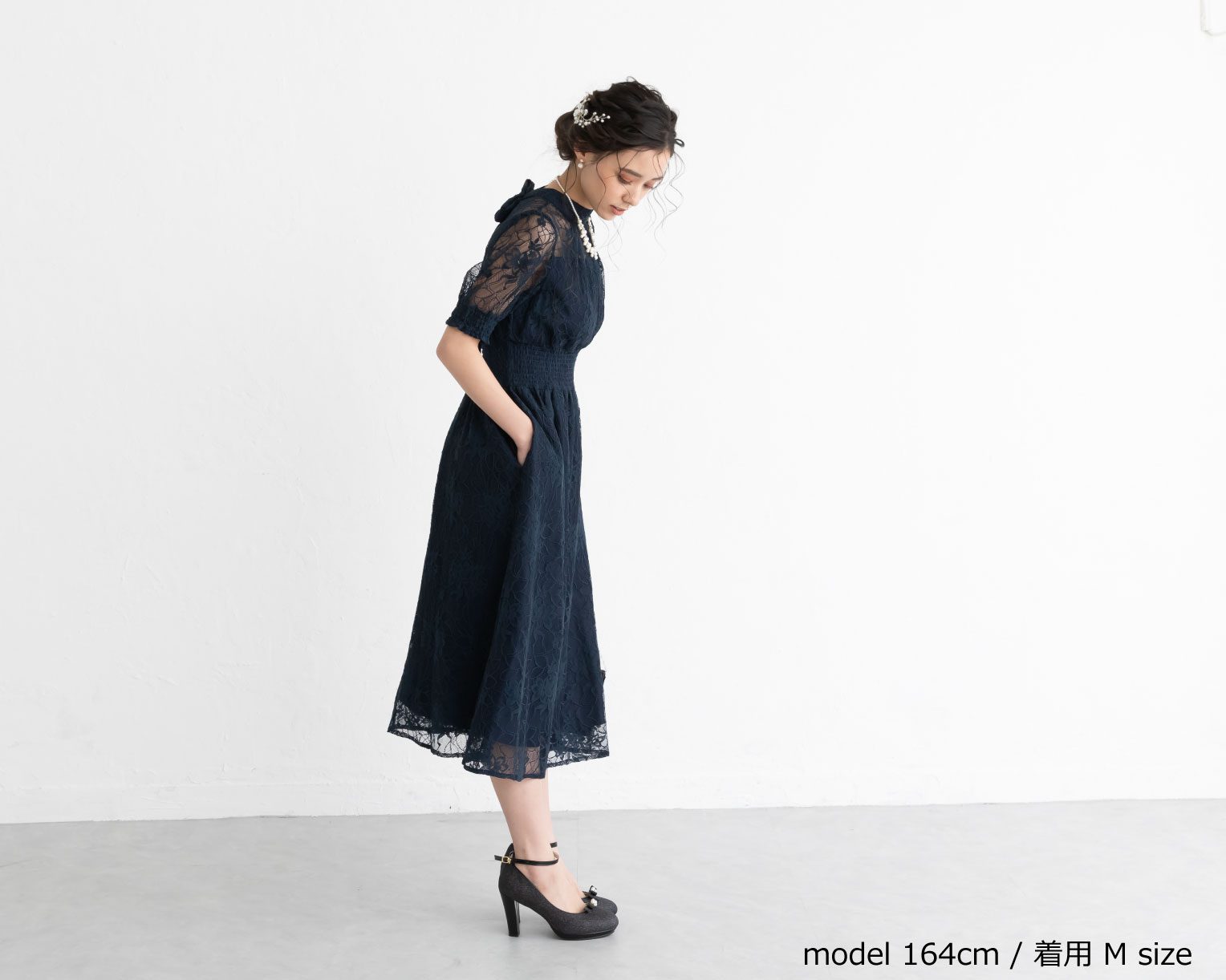【S~4L】バックリボンシャーリングレース2WAYドレス 105029ネイビー