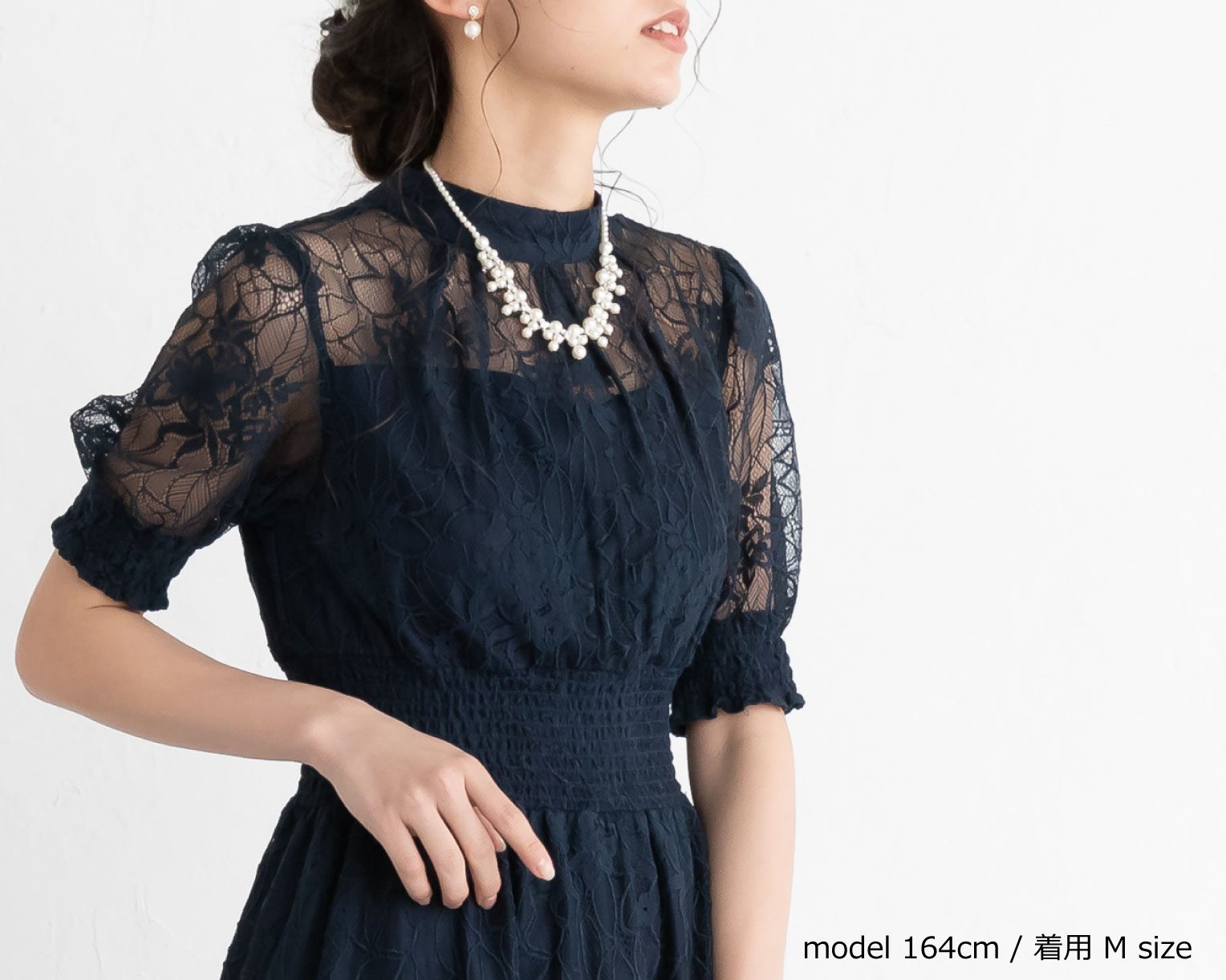 【S~4L】バックリボンシャーリングレース2WAYドレス 105029ネイビー