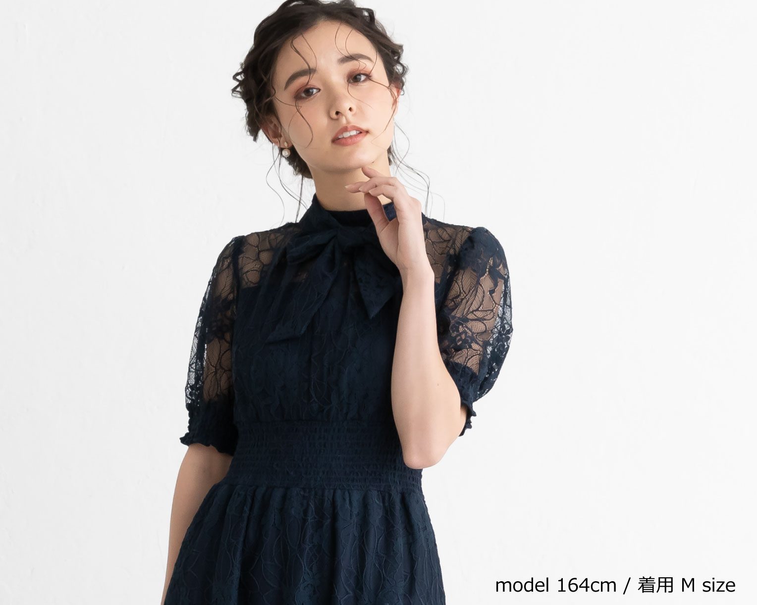 【S~4L】バックリボンシャーリングレース2WAYドレス 105029ネイビー