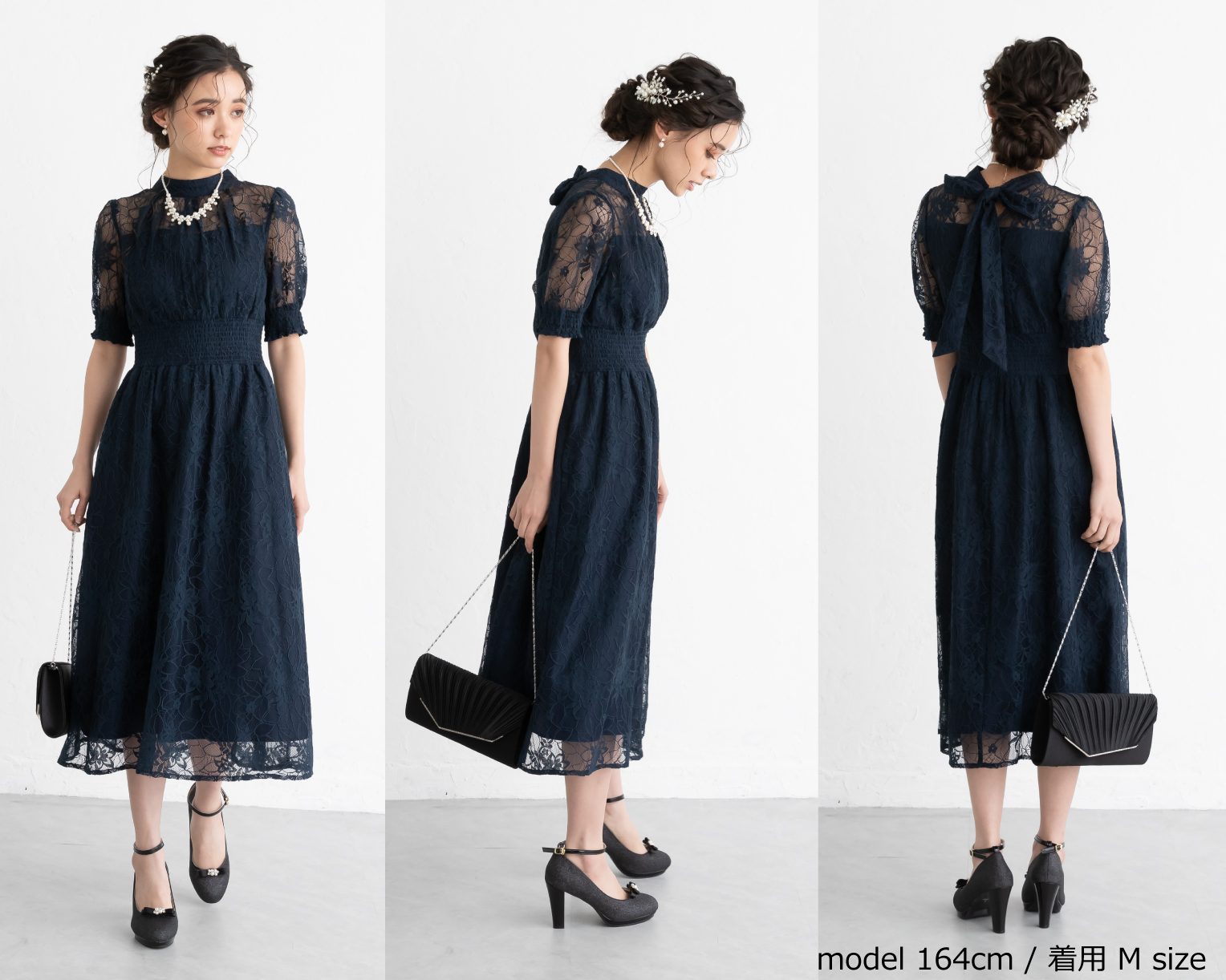 【S~4L】バックリボンシャーリングレース2WAYドレス 105029パープル