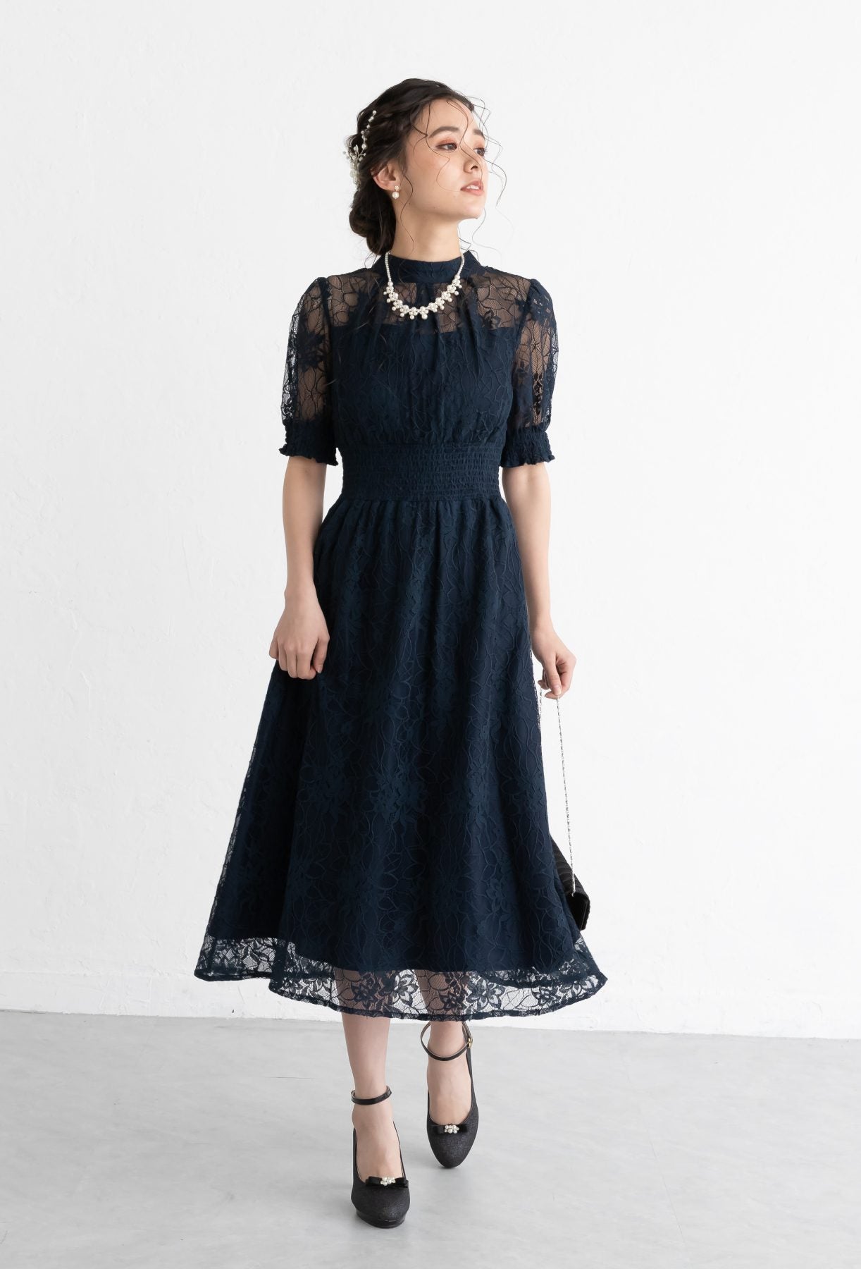 【S~4L】バックリボンシャーリングレース2WAYドレス 105029パープル