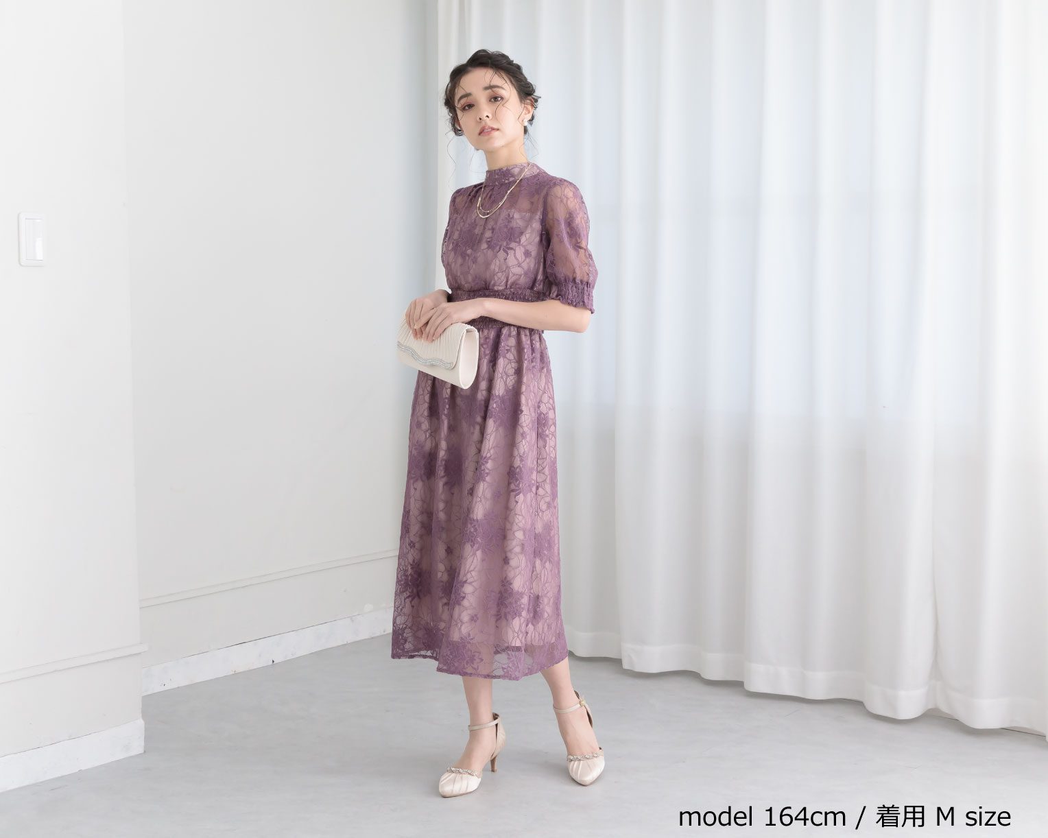 【S~4L】バックリボンシャーリングレース2WAYドレス 105029パープル